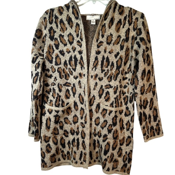 By Design Sweaters - BY DESIGN Retro Sweater Leopard Print Open Front Cardigan Hooded Mob Wife Cozy